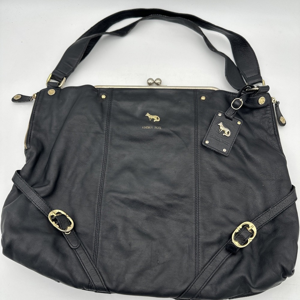 Vintage Emma Fox Black Leather Kiss Lock Hobo Bag Clutch Closure 18"x15" ECU